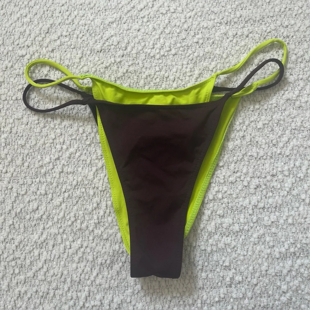 NWT Zara Double Bikini Bottom Swim Suit Size Medium Brown Neon Green Vacation - Picture 1 of 11